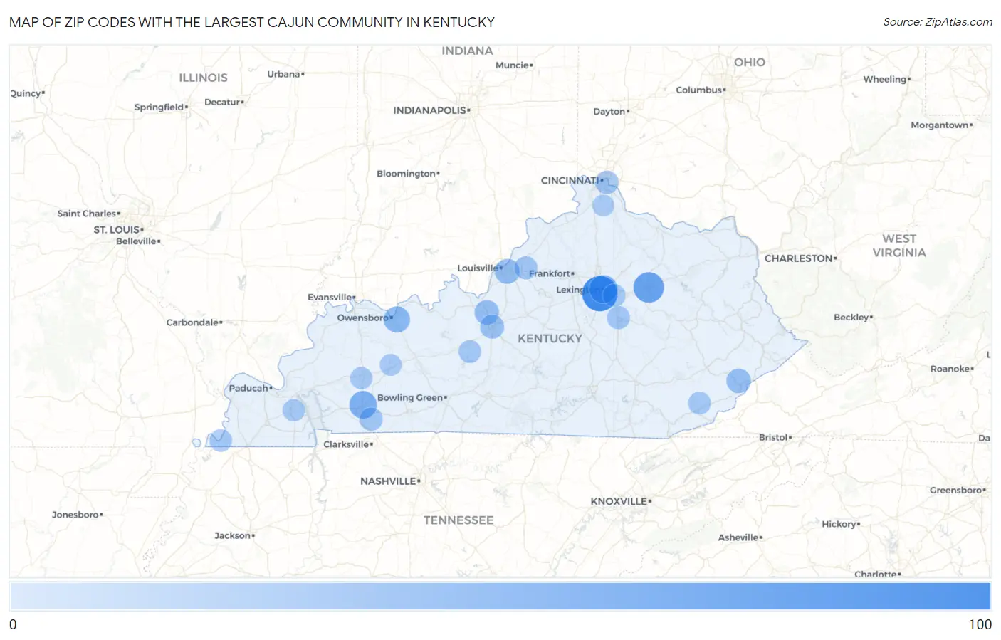 Zip Codes with the Largest Cajun Community in Kentucky Map