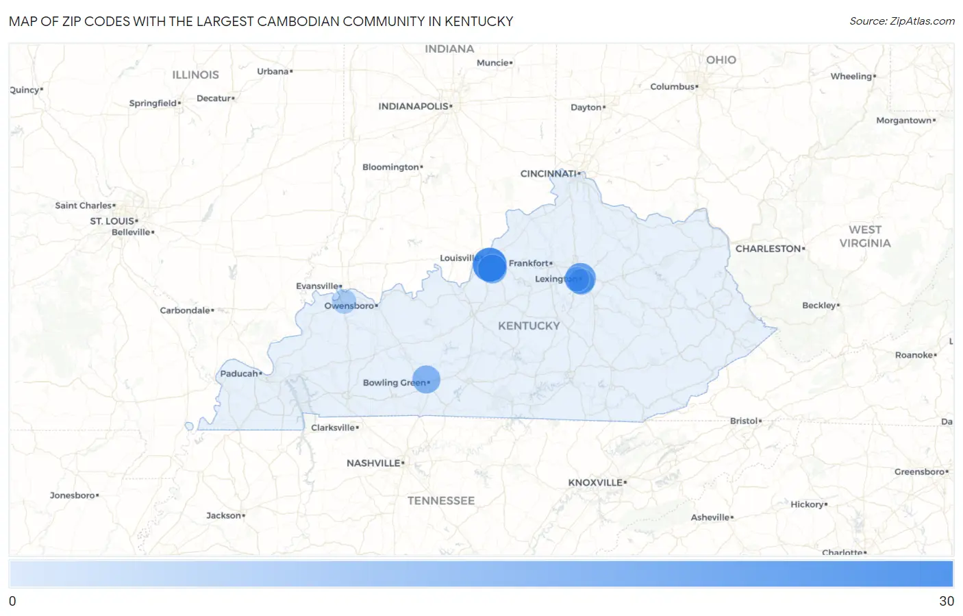 Zip Codes with the Largest Cambodian Community in Kentucky Map