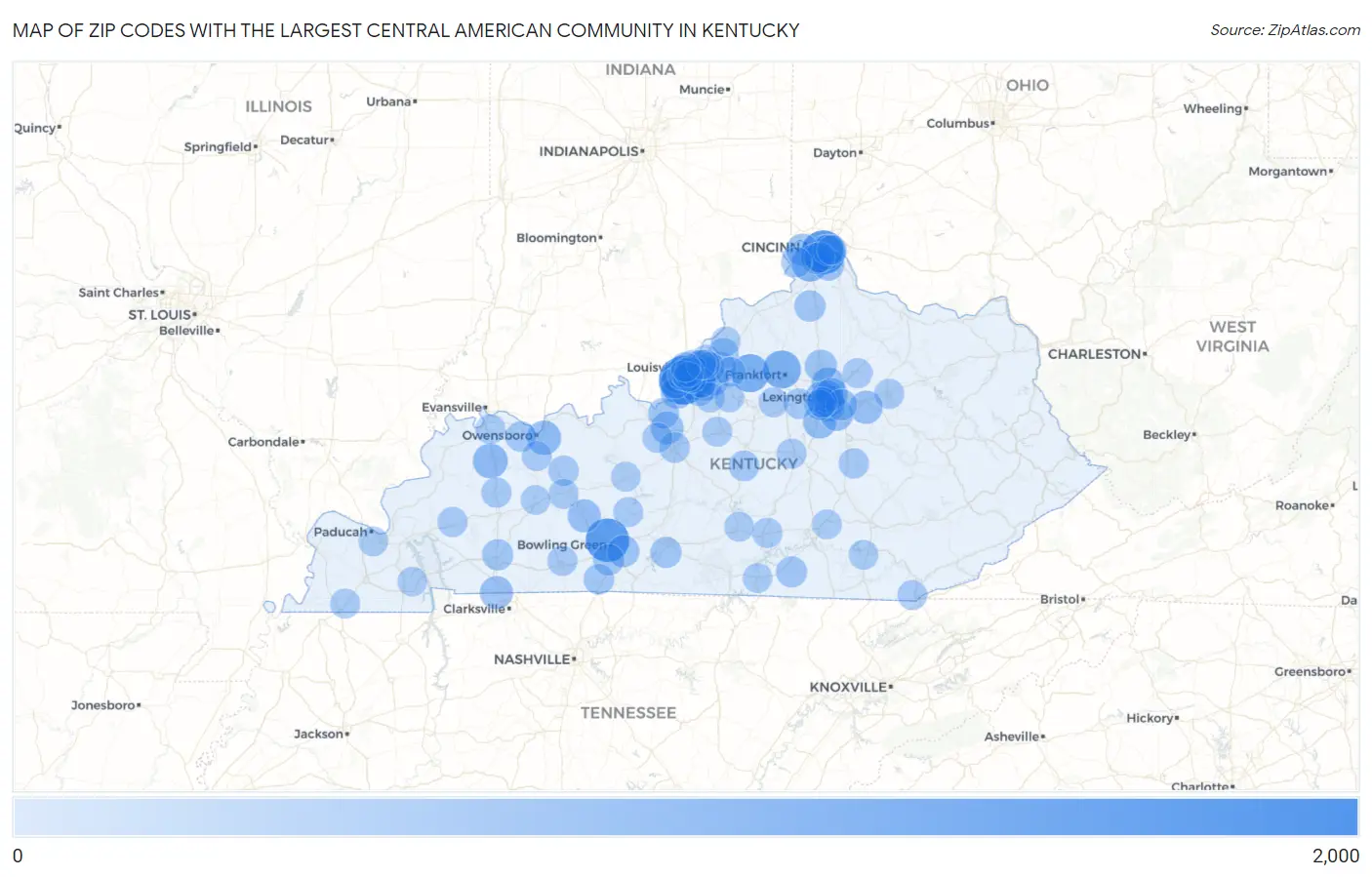 Zip Codes with the Largest Central American Community in Kentucky Map