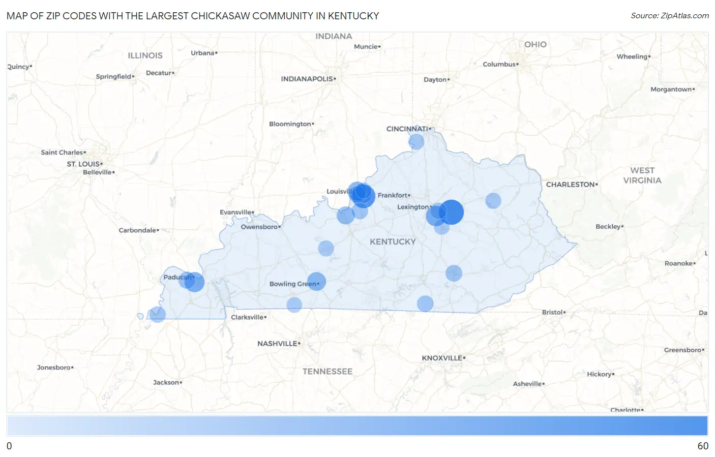 Zip Codes with the Largest Chickasaw Community in Kentucky Map