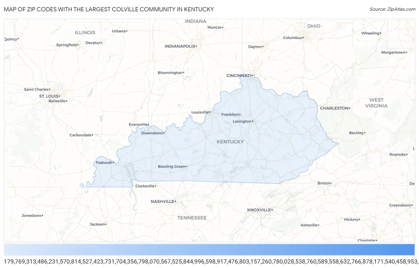 Zip Codes with the Largest Colville Community in Kentucky Map