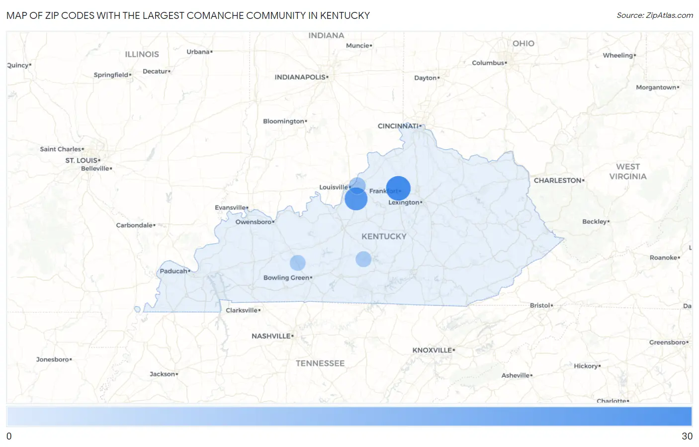 Zip Codes with the Largest Comanche Community in Kentucky Map