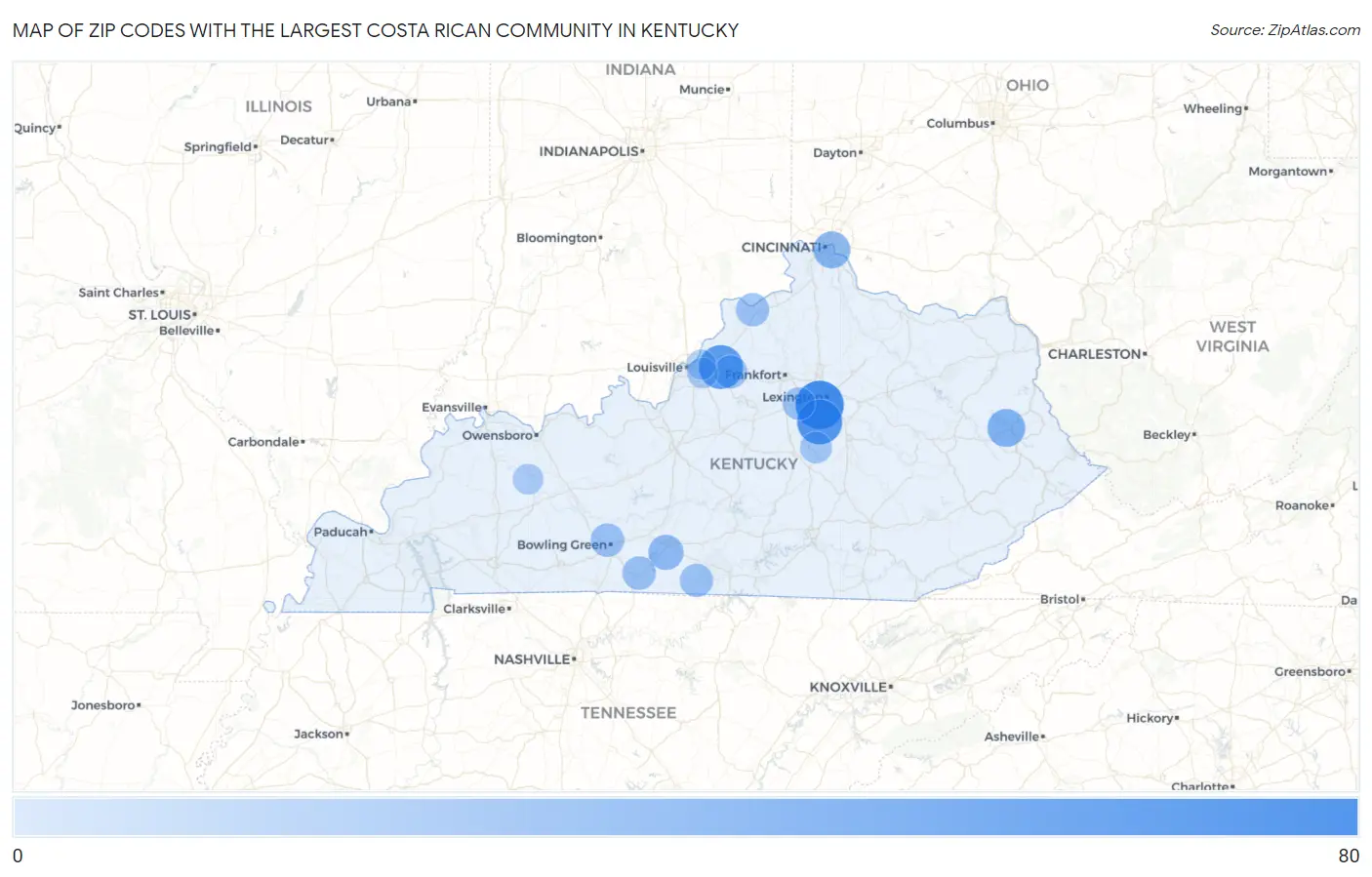 Zip Codes with the Largest Costa Rican Community in Kentucky Map