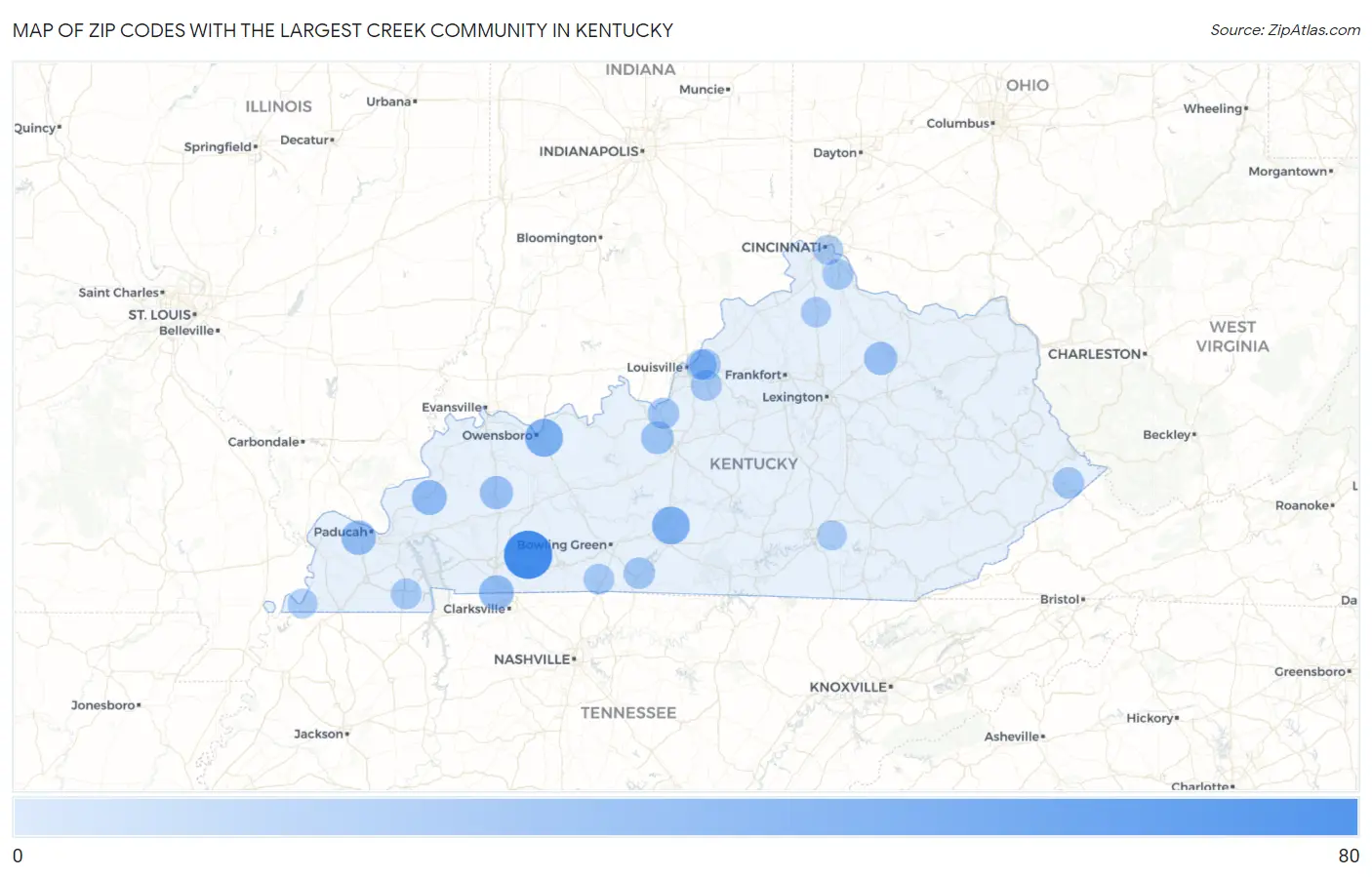 Zip Codes with the Largest Creek Community in Kentucky Map
