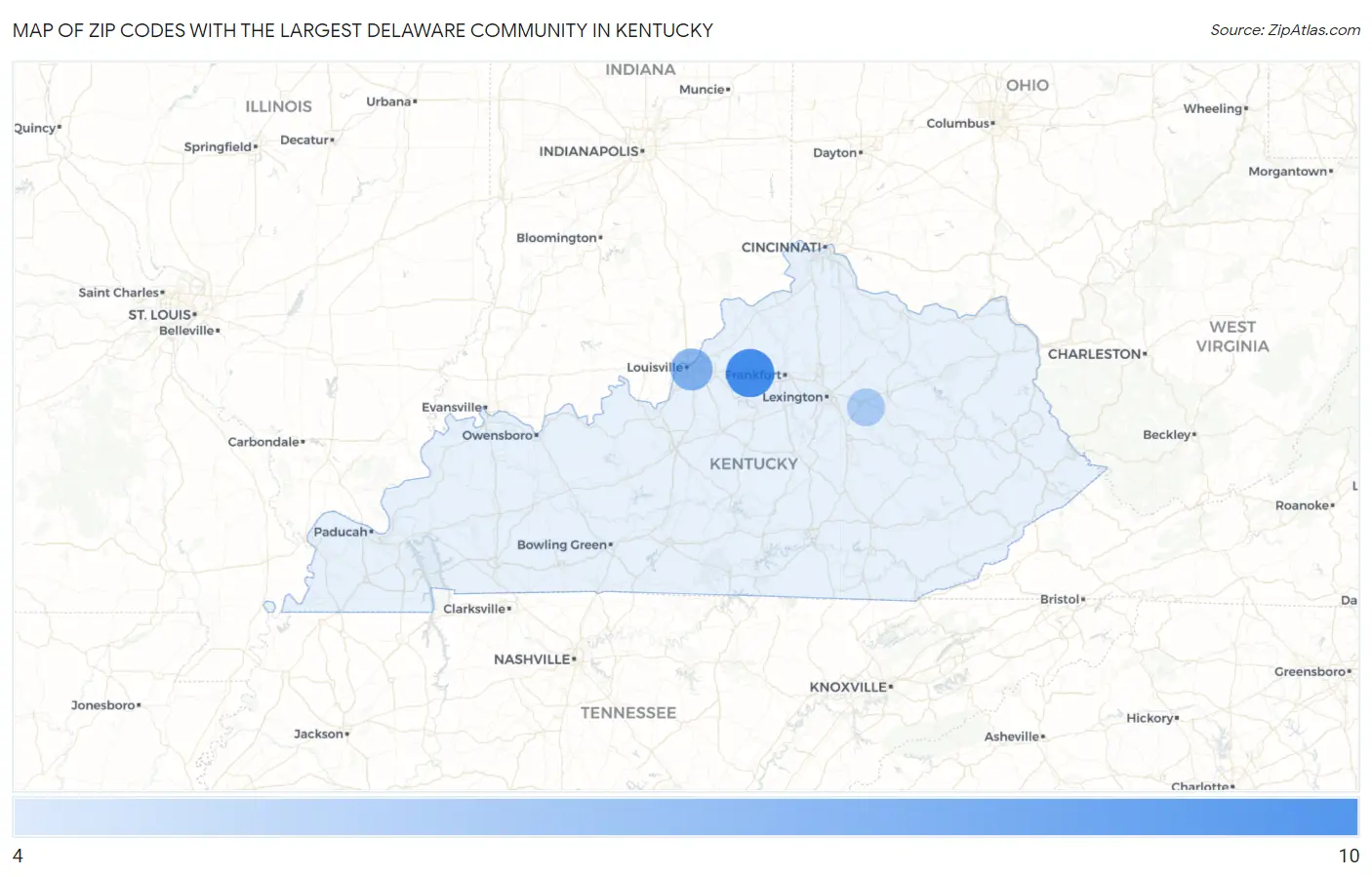 Zip Codes with the Largest Delaware Community in Kentucky Map
