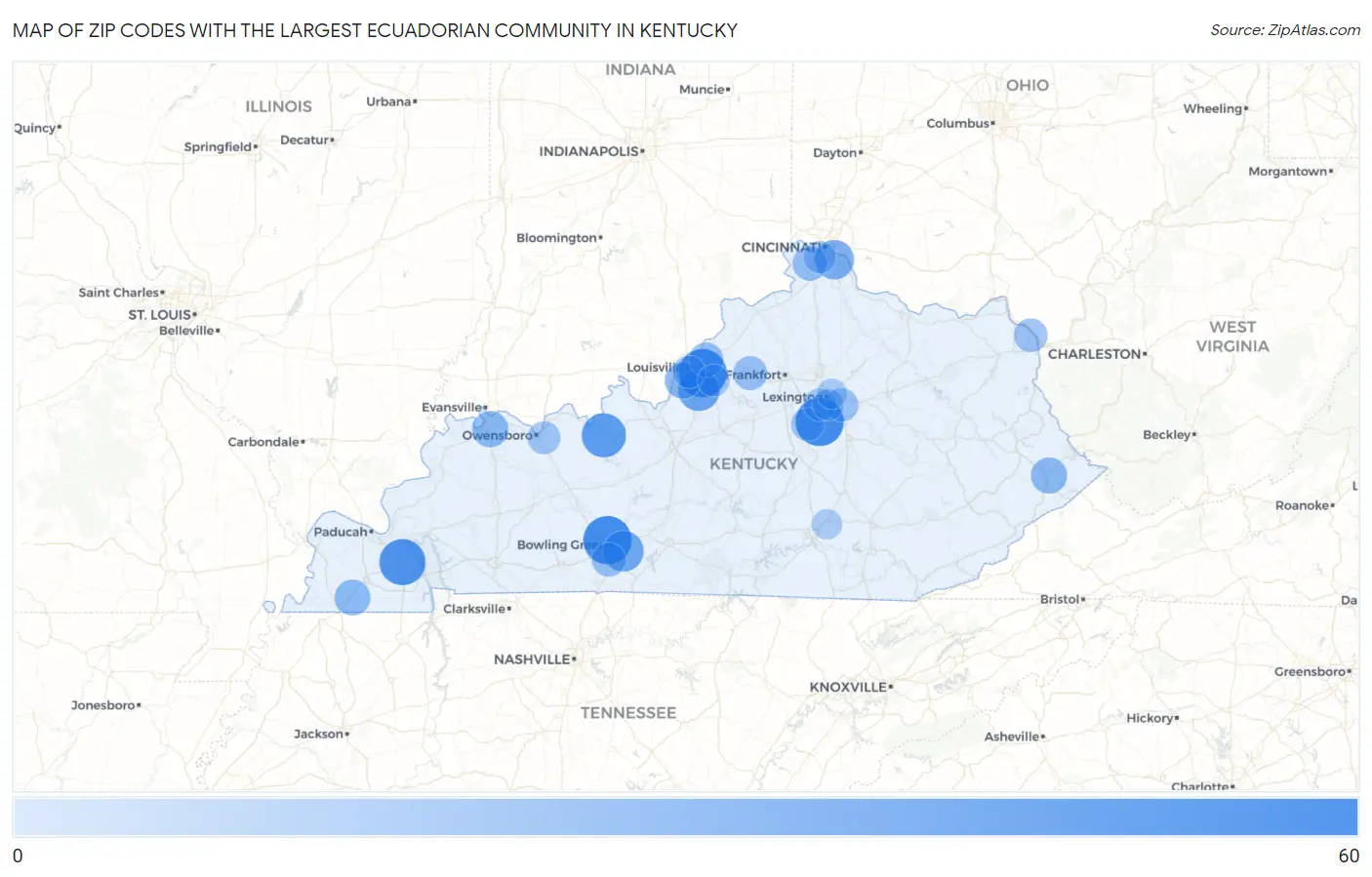 Zip Codes with the Largest Ecuadorian Community in Kentucky Map