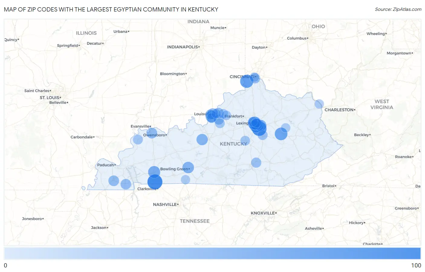 Zip Codes with the Largest Egyptian Community in Kentucky Map