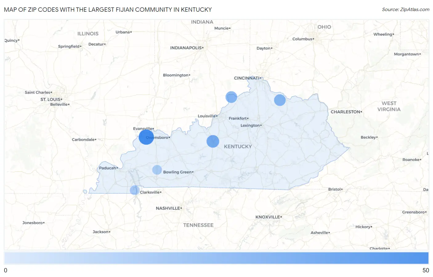 Zip Codes with the Largest Fijian Community in Kentucky Map