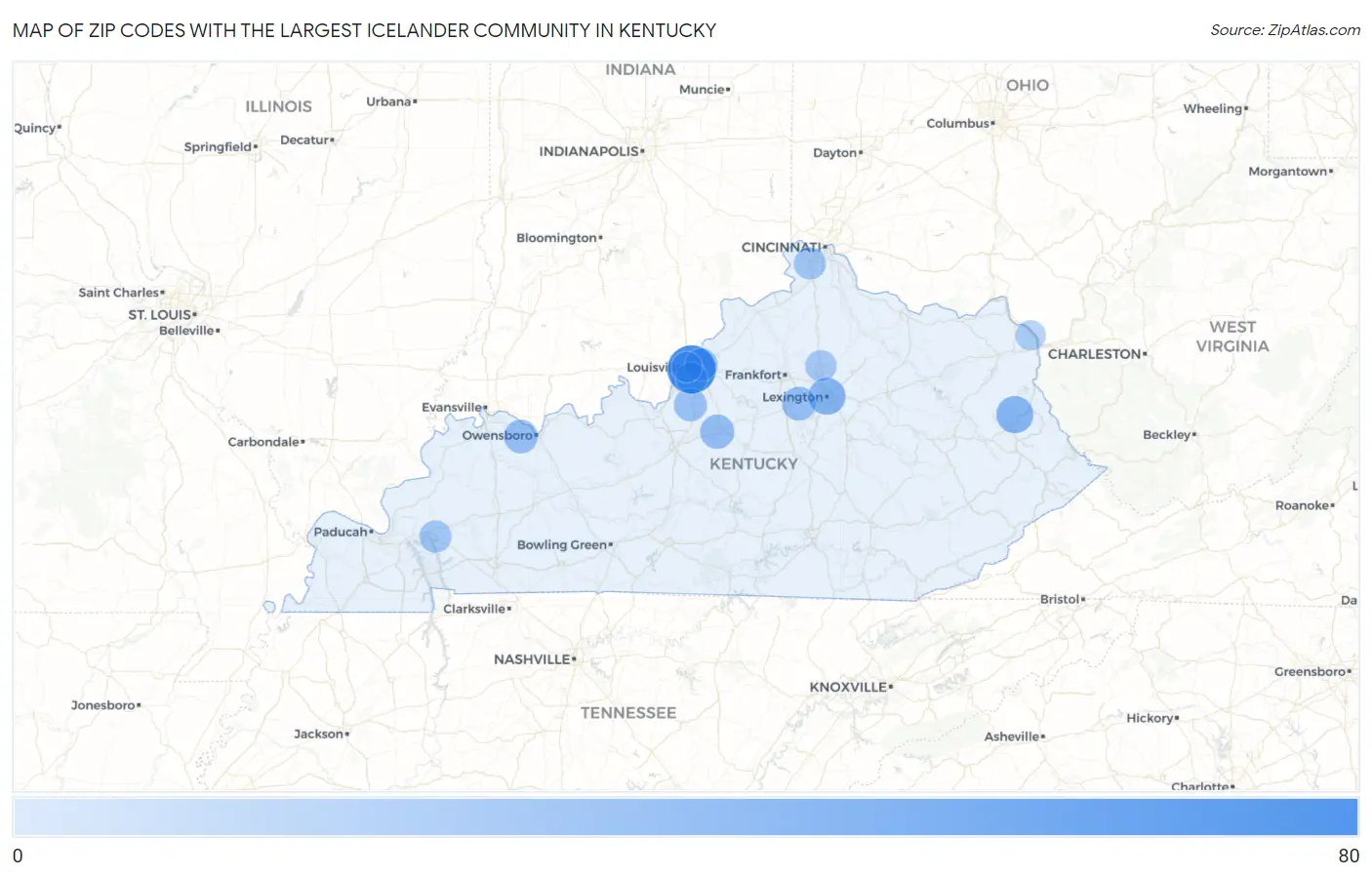 Zip Codes with the Largest Icelander Community in Kentucky Map