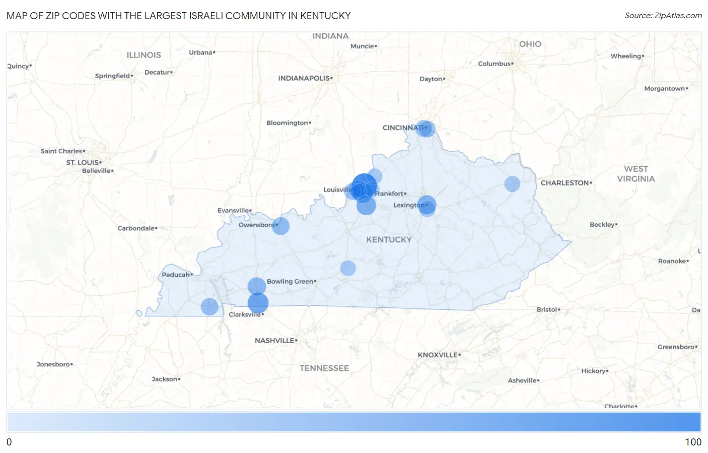 Zip Codes with the Largest Israeli Community in Kentucky Map