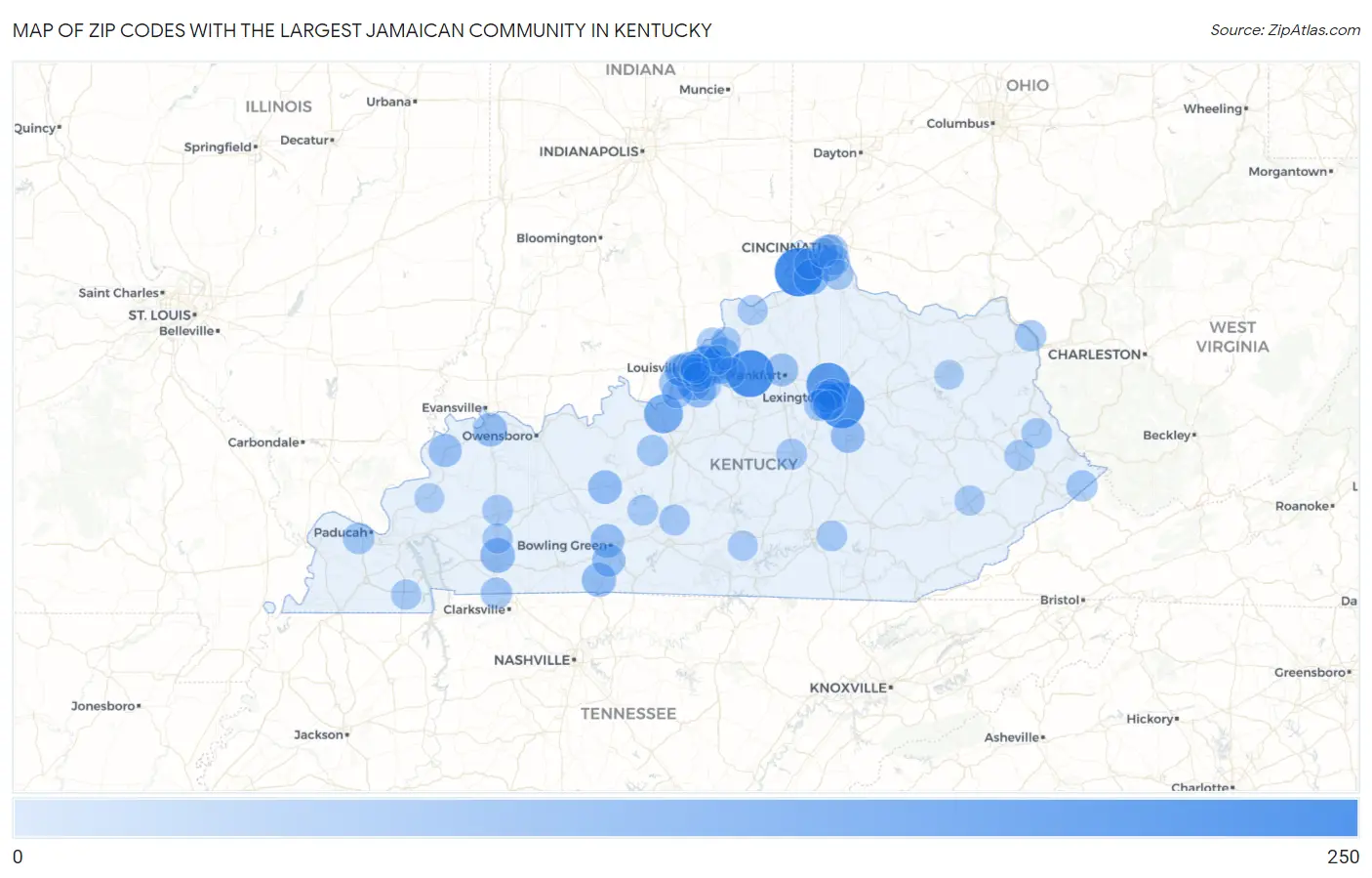 Zip Codes with the Largest Jamaican Community in Kentucky Map