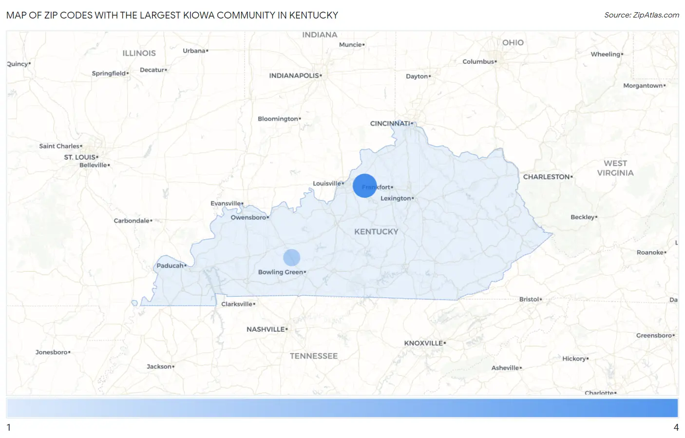 Zip Codes with the Largest Kiowa Community in Kentucky Map