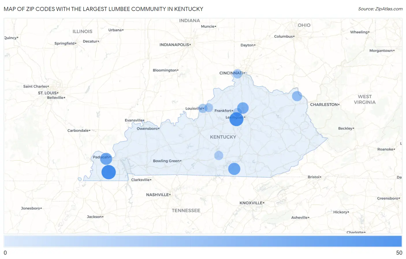 Zip Codes with the Largest Lumbee Community in Kentucky Map