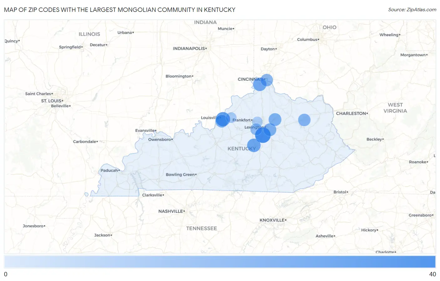 Zip Codes with the Largest Mongolian Community in Kentucky Map