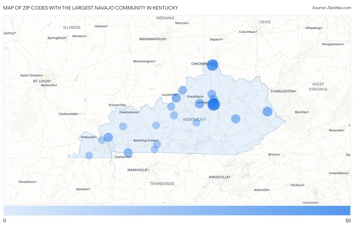 Zip Codes with the Largest Navajo Community in Kentucky Map