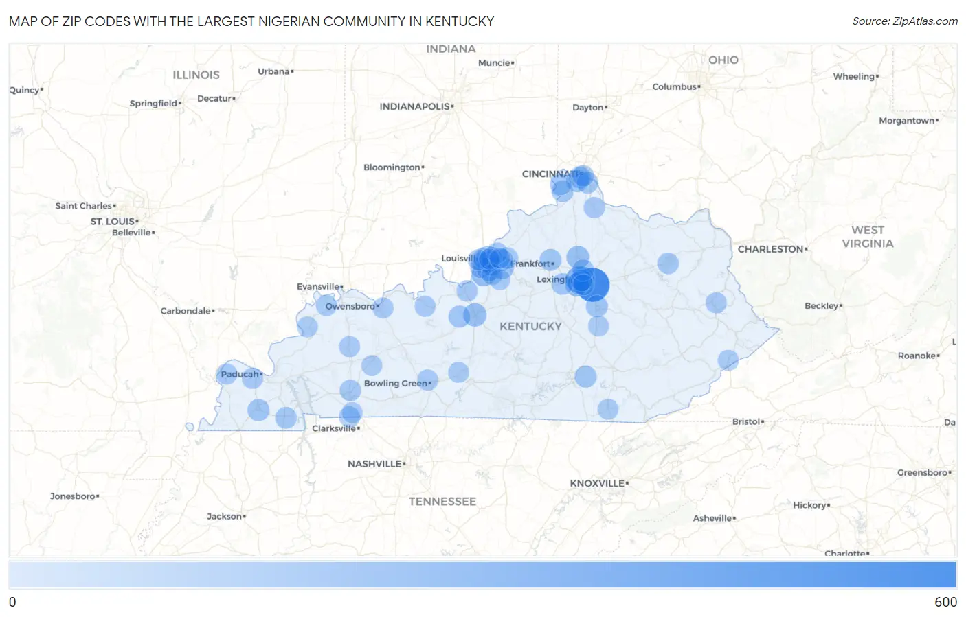 Zip Codes with the Largest Nigerian Community in Kentucky Map