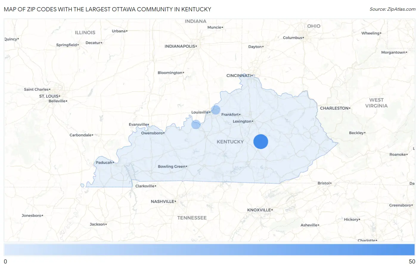 Zip Codes with the Largest Ottawa Community in Kentucky Map