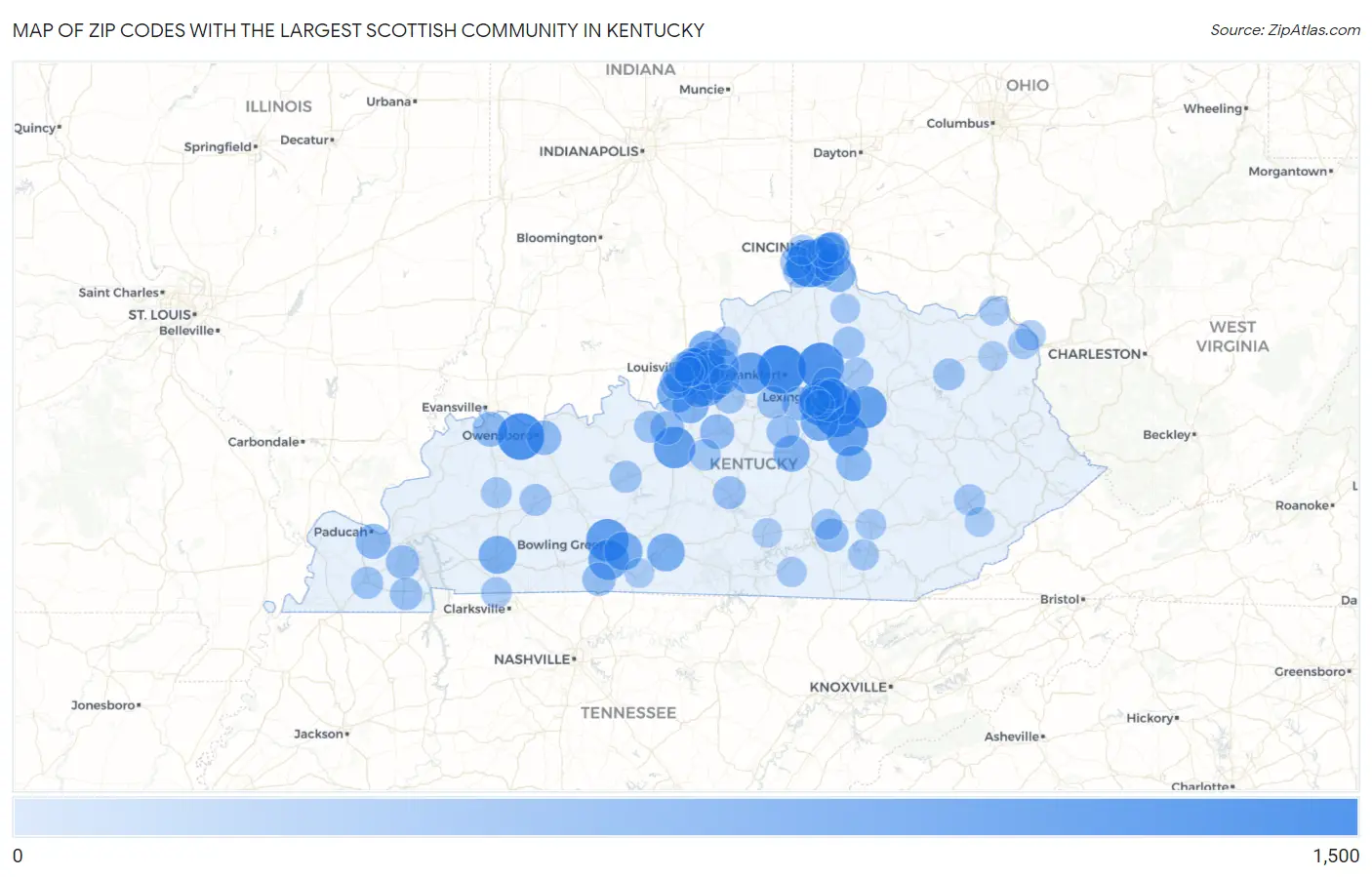 Zip Codes with the Largest Scottish Community in Kentucky Map
