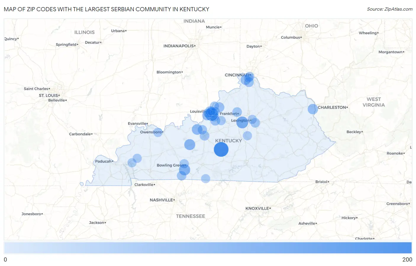 Zip Codes with the Largest Serbian Community in Kentucky Map