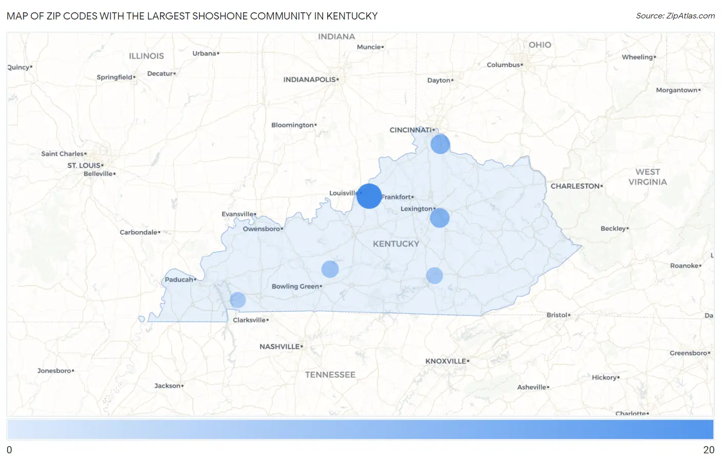 Zip Codes with the Largest Shoshone Community in Kentucky Map
