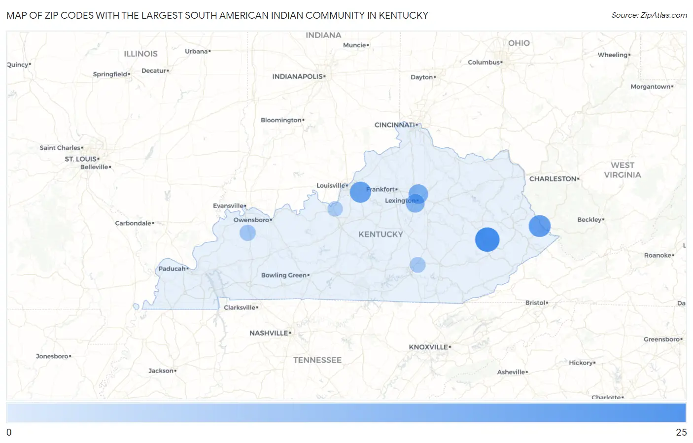 Zip Codes with the Largest South American Indian Community in Kentucky Map