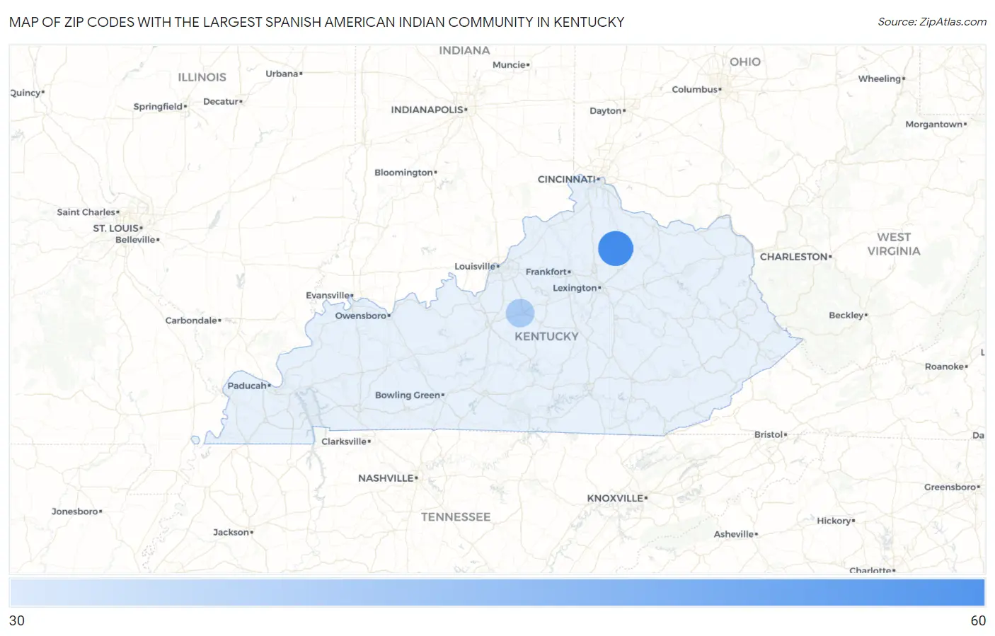 Zip Codes with the Largest Spanish American Indian Community in Kentucky Map