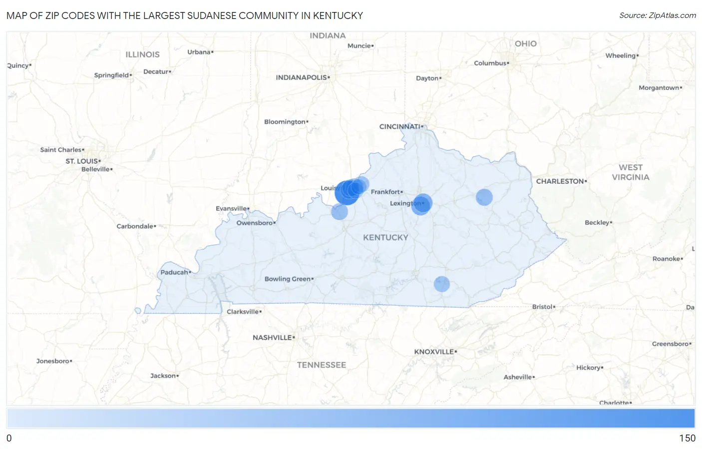 Zip Codes with the Largest Sudanese Community in Kentucky Map