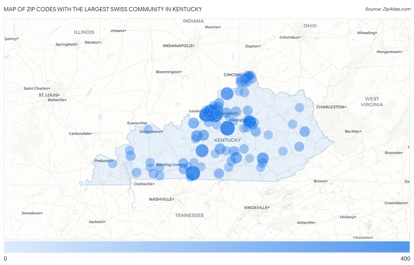 Zip Codes with the Largest Swiss Community in Kentucky Map