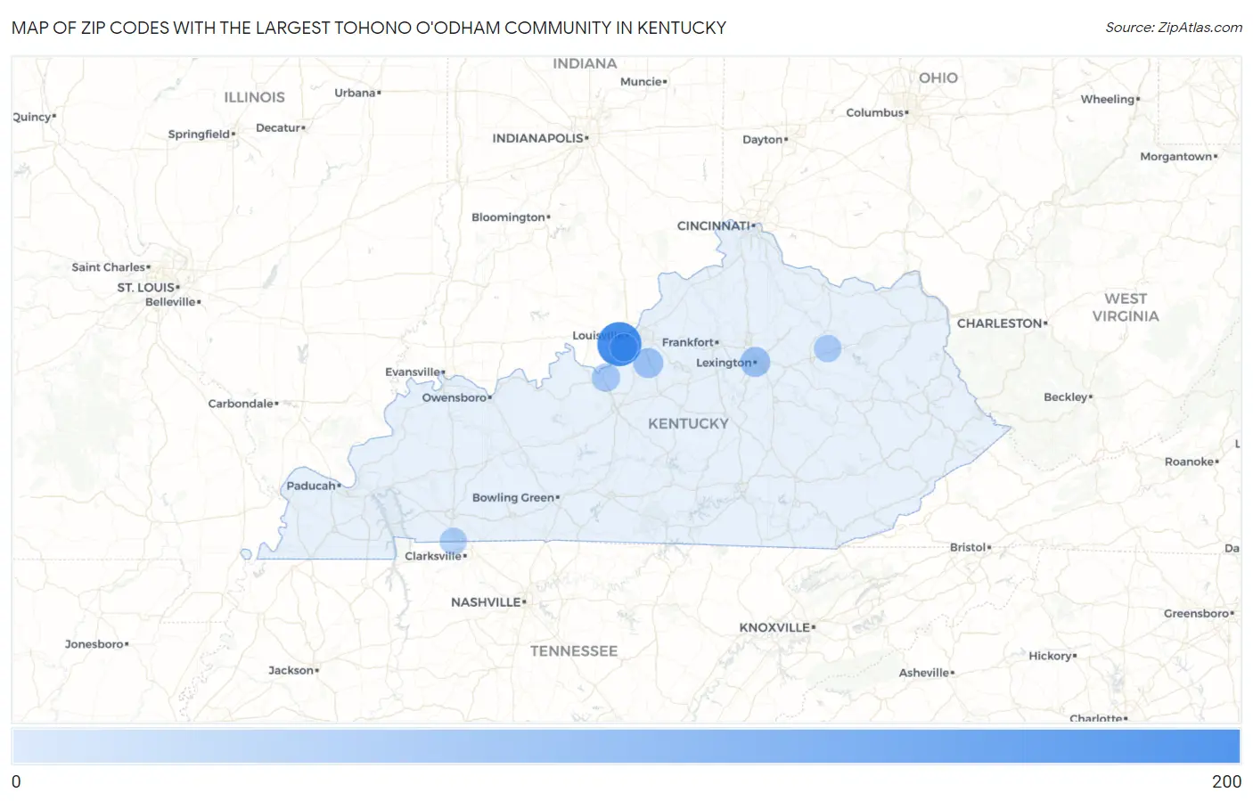 Zip Codes with the Largest Tohono O'Odham Community in Kentucky Map