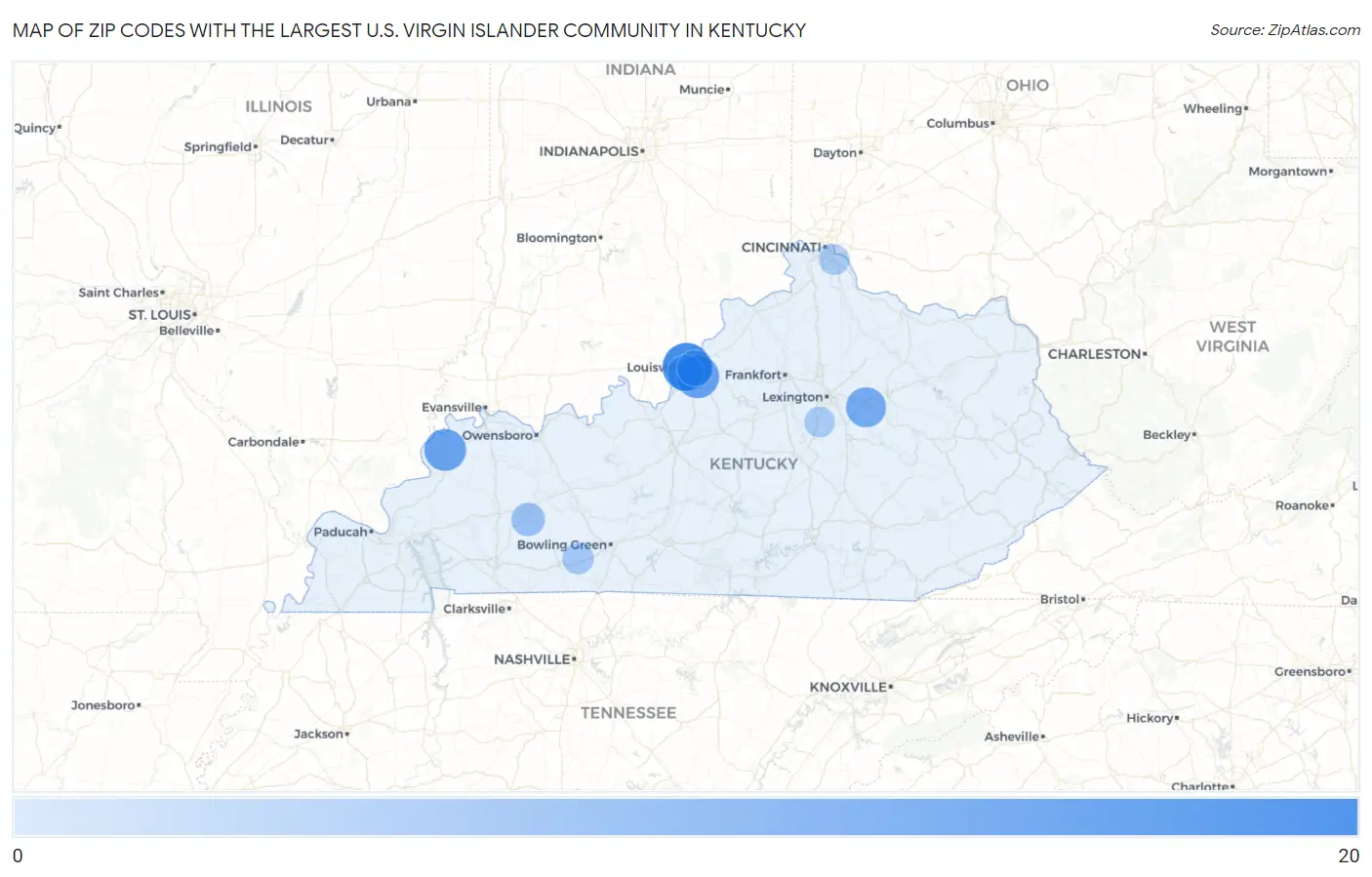 Zip Codes with the Largest U.S. Virgin Islander Community in Kentucky Map