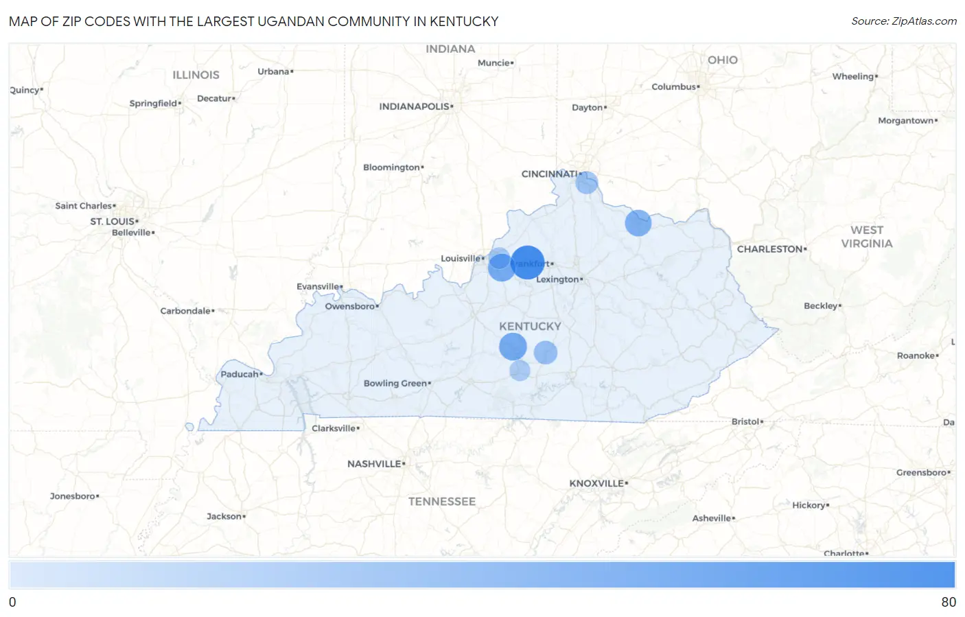 Zip Codes with the Largest Ugandan Community in Kentucky Map