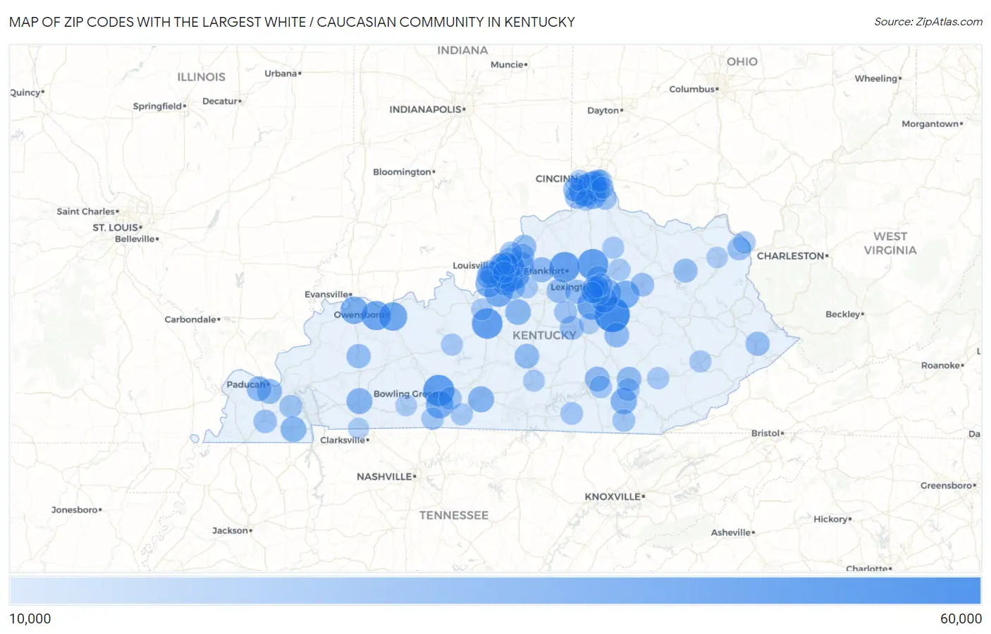 Zip Codes with the Largest White / Caucasian Community in Kentucky Map