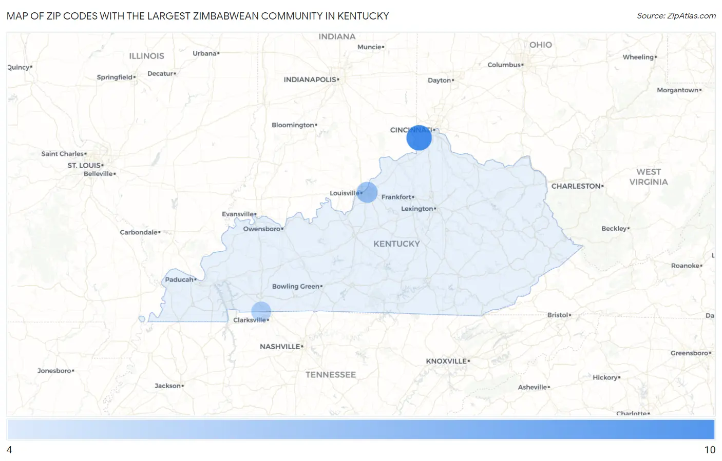 Zip Codes with the Largest Zimbabwean Community in Kentucky Map
