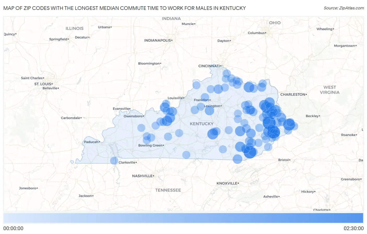 Zip Codes with the Longest Median Commute Time to Work for Males in Kentucky Map
