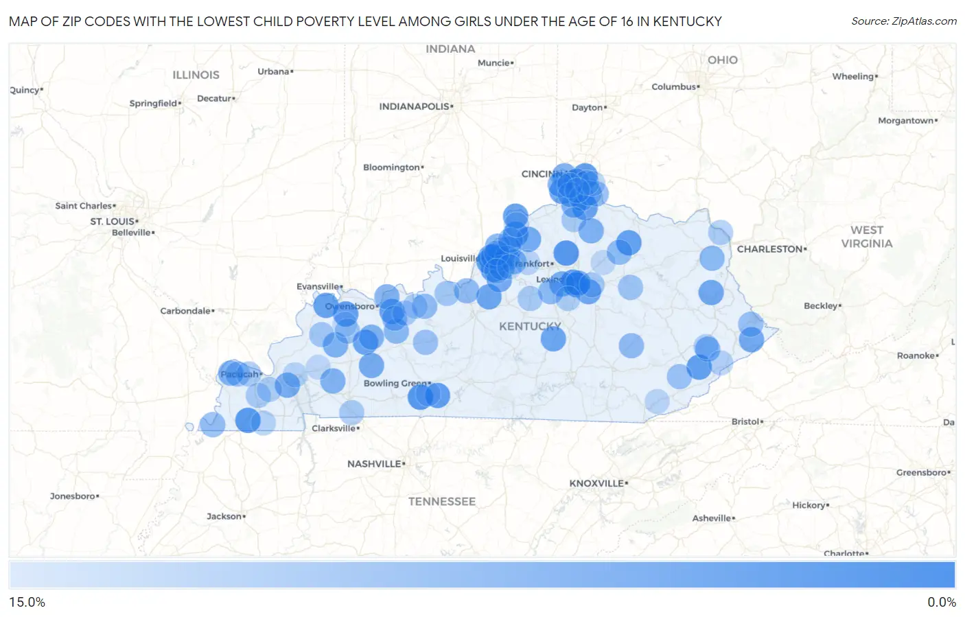 Zip Codes with the Lowest Child Poverty Level Among Girls Under the Age of 16 in Kentucky Map