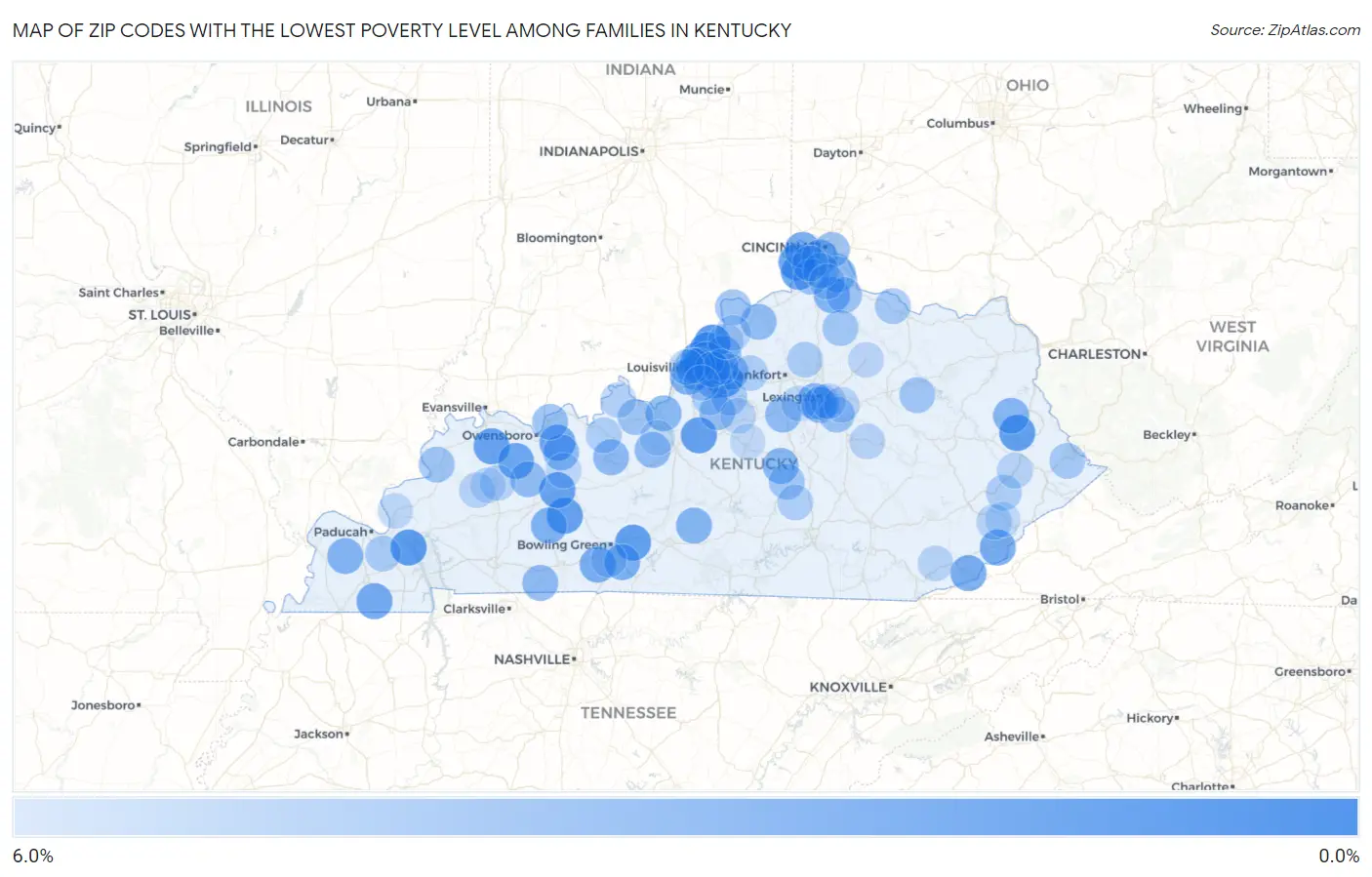 Zip Codes with the Lowest Poverty Level Among Families in Kentucky Map