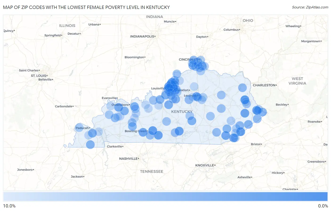 Zip Codes with the Lowest Female Poverty Level in Kentucky Map