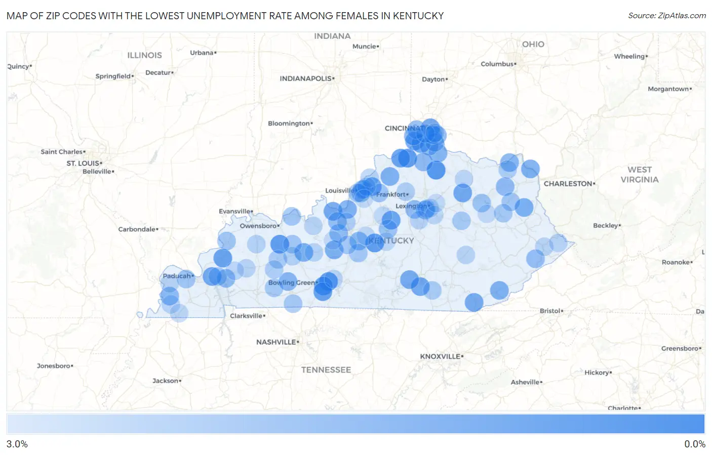 Zip Codes with the Lowest Unemployment Rate Among Females in Kentucky Map