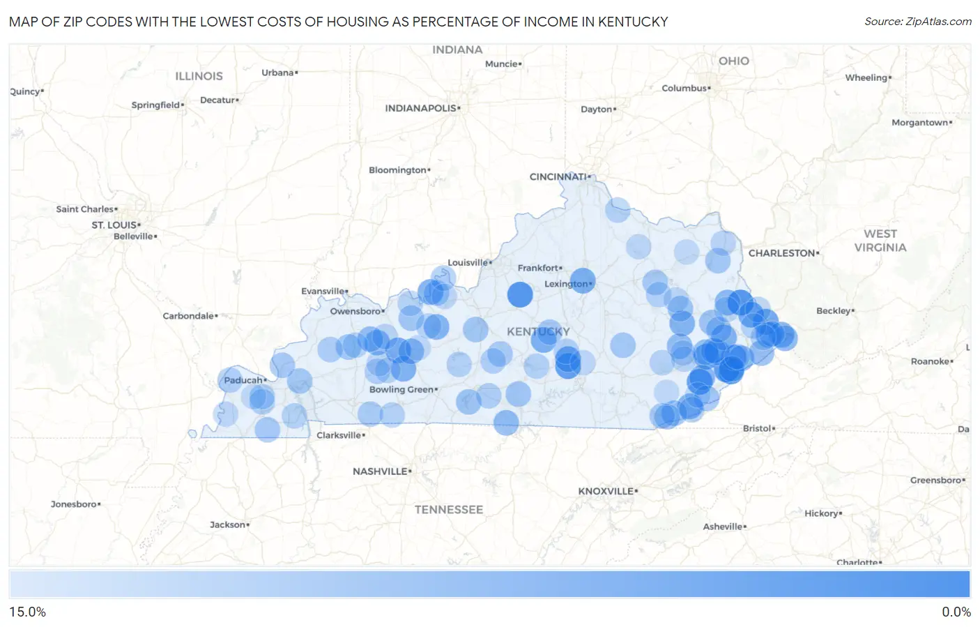 Zip Codes with the Lowest Costs of Housing as Percentage of Income in Kentucky Map
