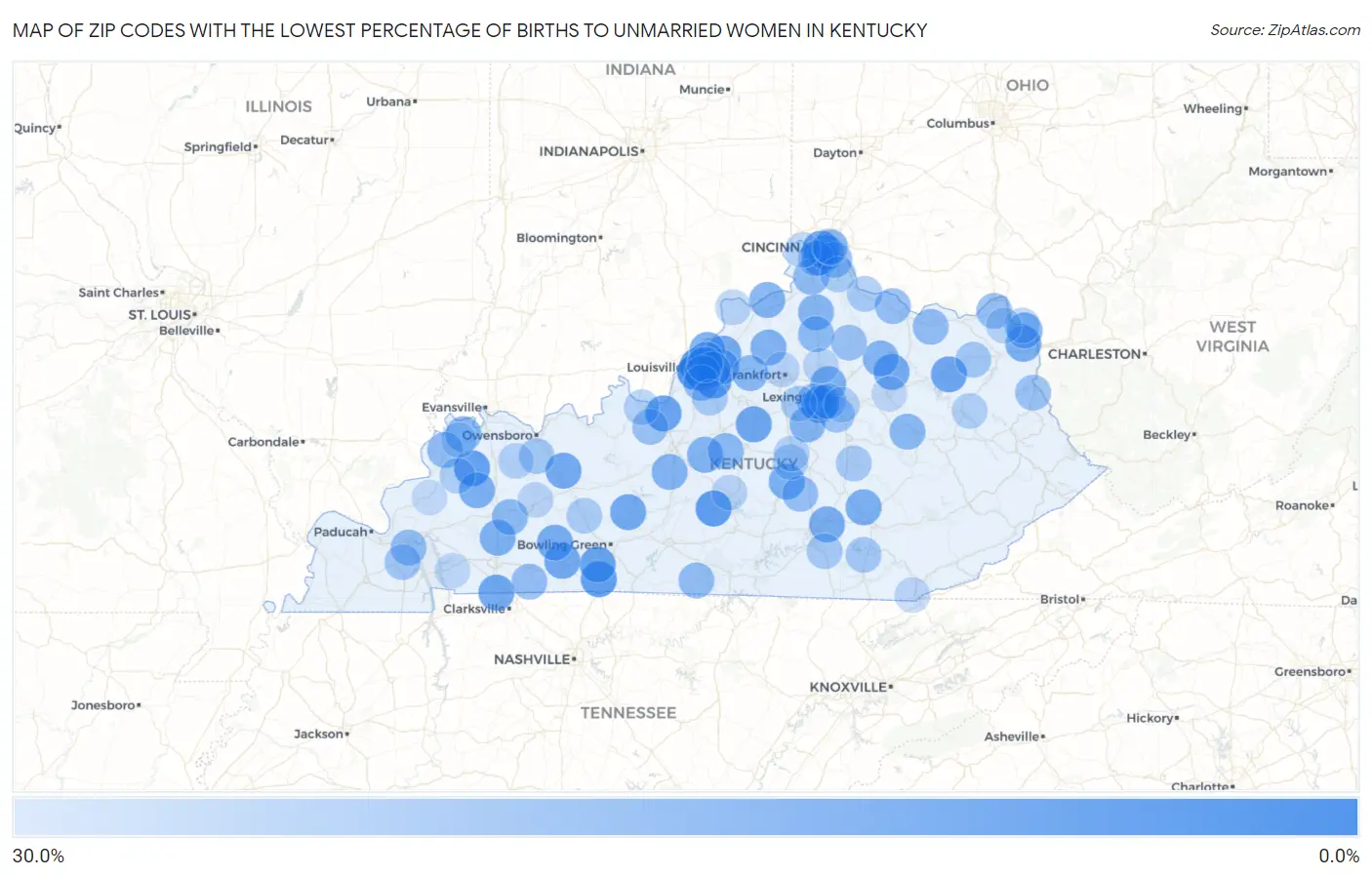 Zip Codes with the Lowest Percentage of Births to Unmarried Women in Kentucky Map