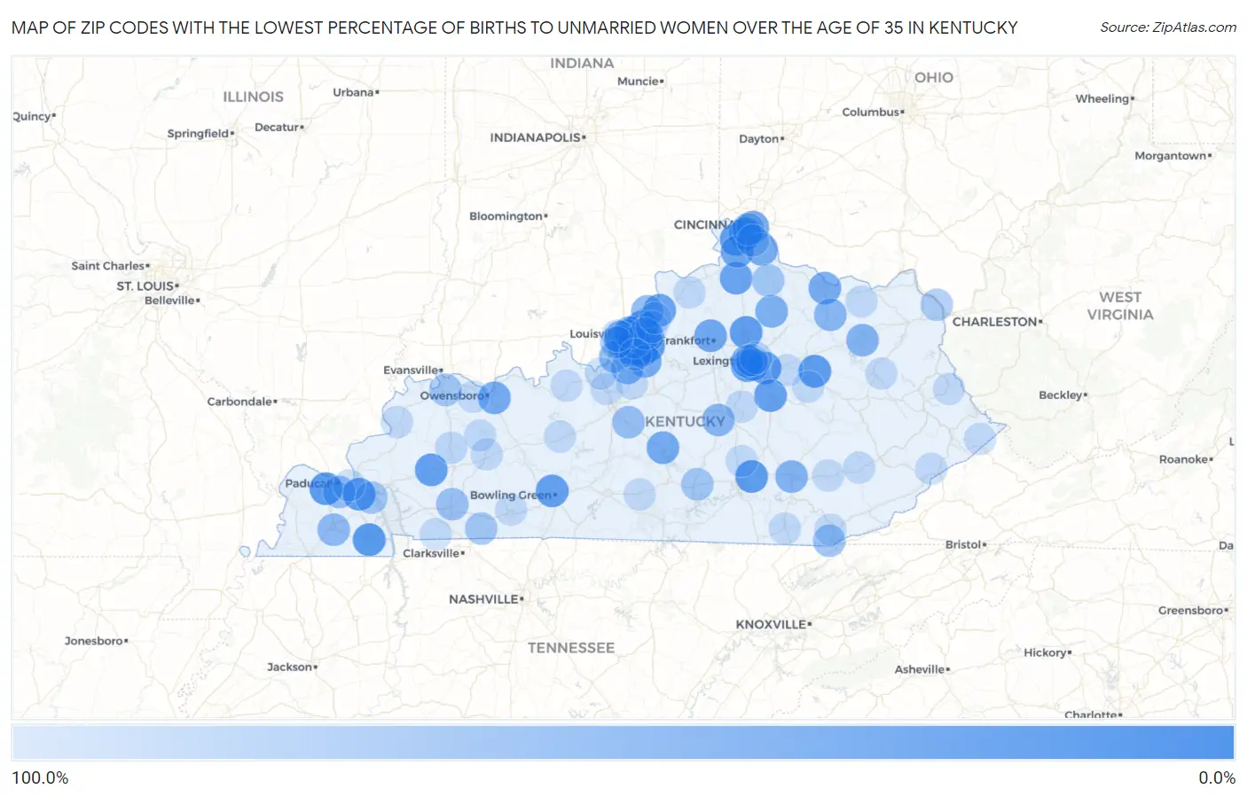 Zip Codes with the Lowest Percentage of Births to Unmarried Women over the Age of 35 in Kentucky Map