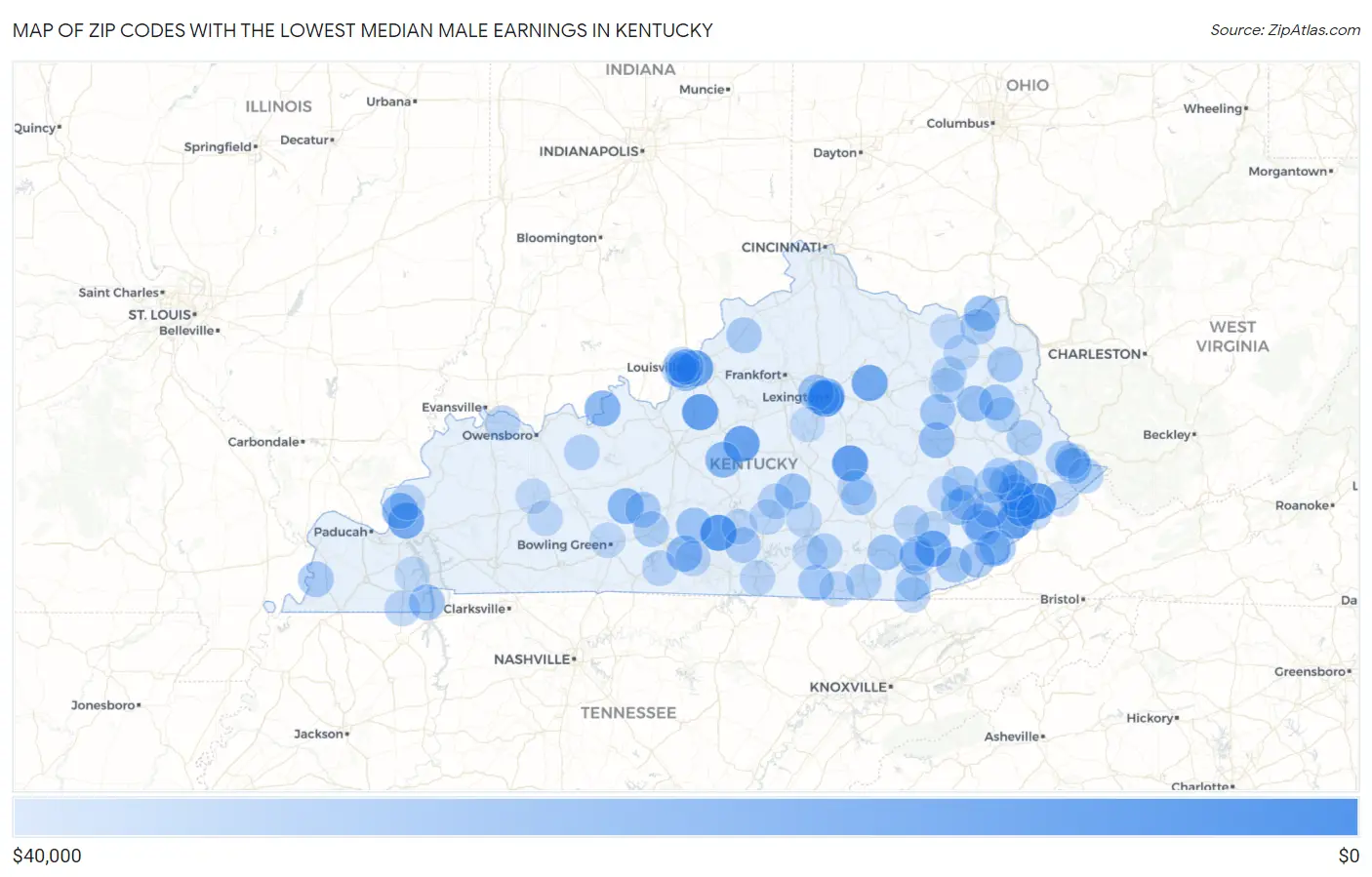 Zip Codes with the Lowest Median Male Earnings in Kentucky Map