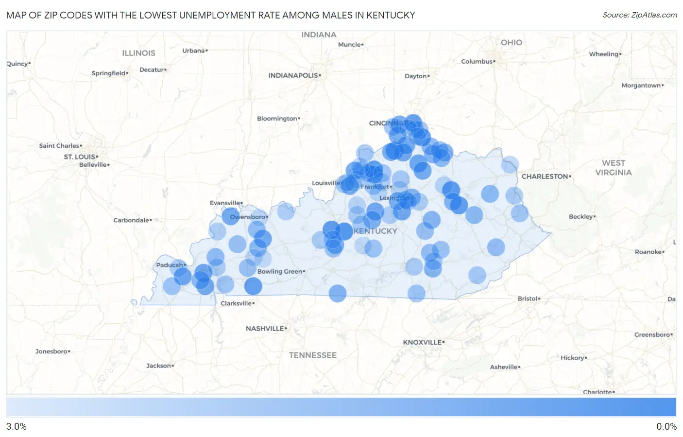 Zip Codes with the Lowest Unemployment Rate Among Males in Kentucky Map