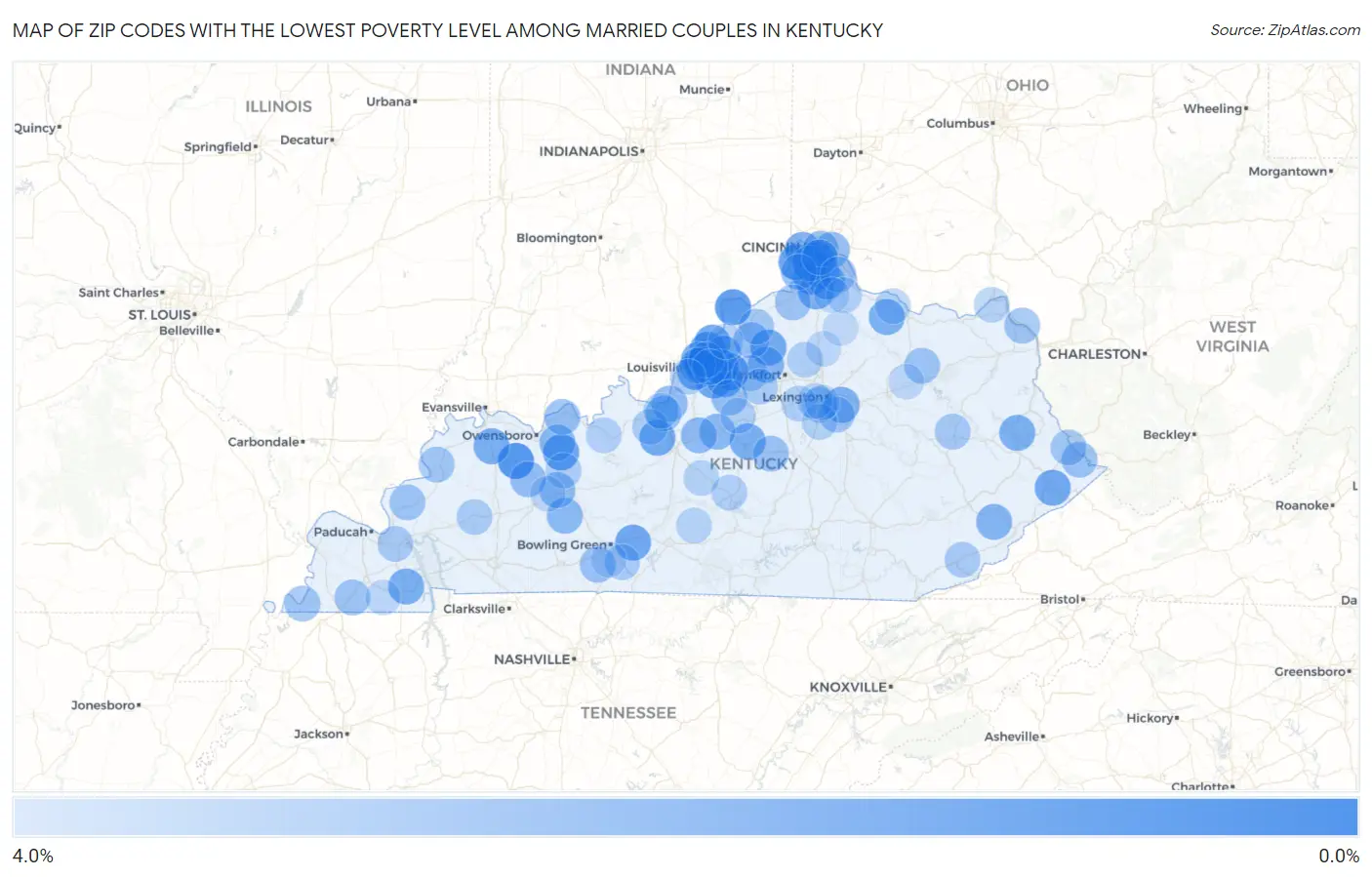 Zip Codes with the Lowest Poverty Level Among Married Couples in Kentucky Map