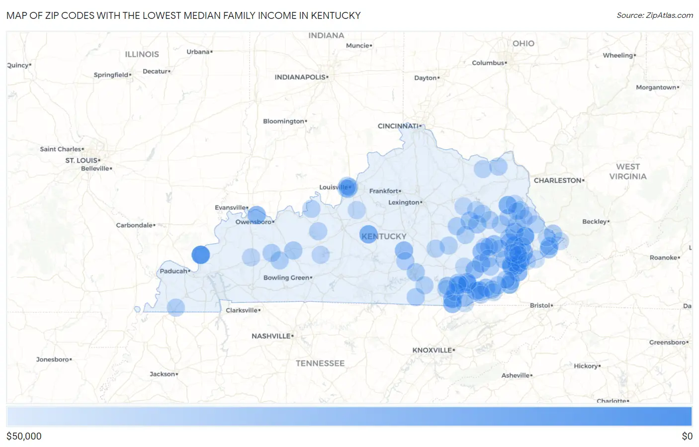Zip Codes with the Lowest Median Family Income in Kentucky Map