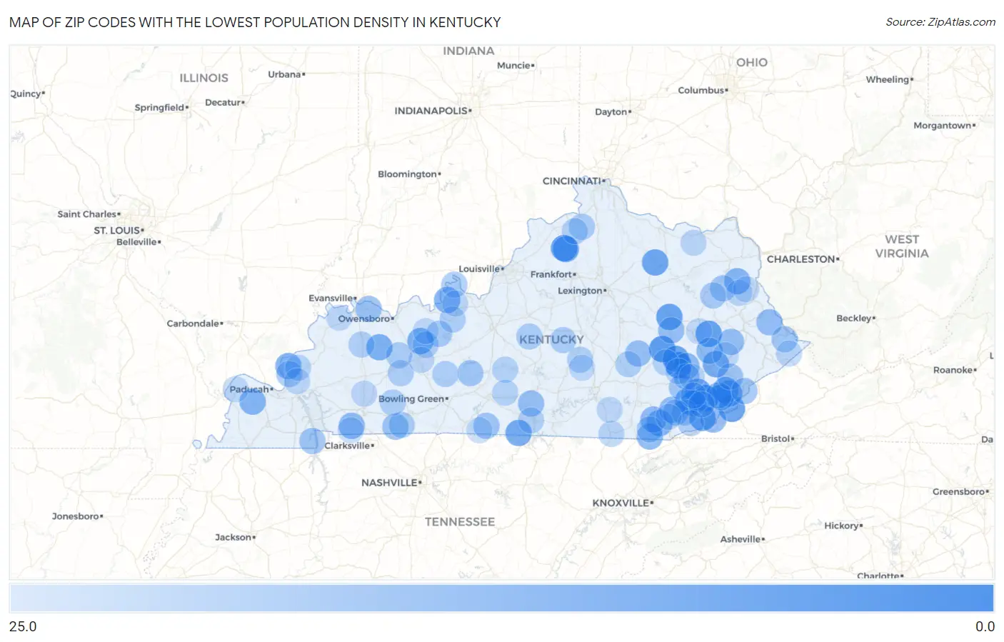 Zip Codes with the Lowest Population Density in Kentucky Map