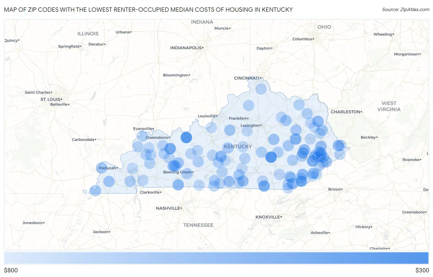 Zip Codes with the Lowest Renter-Occupied Median Costs of Housing in Kentucky Map