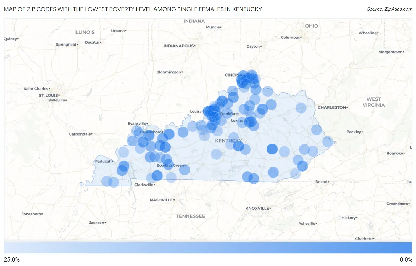 Zip Codes with the Lowest Poverty Level Among Single Females in Kentucky Map