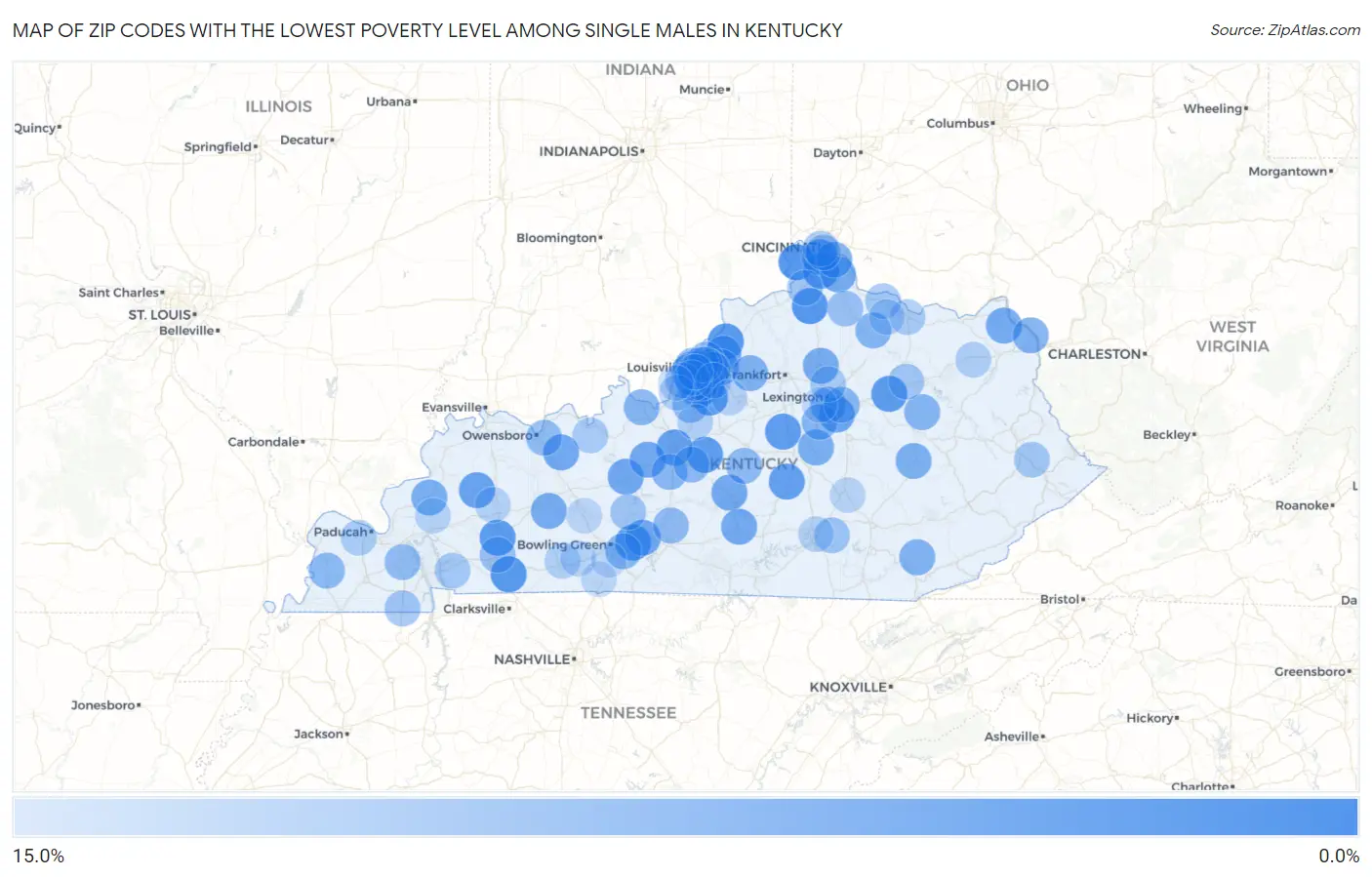 Zip Codes with the Lowest Poverty Level Among Single Males in Kentucky Map