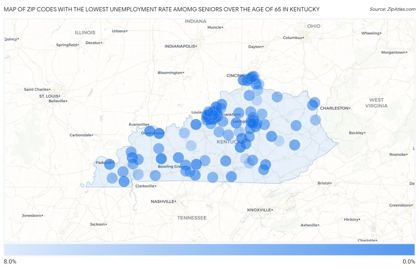 Zip Codes with the Lowest Unemployment Rate Amomg Seniors Over the Age of 65 in Kentucky Map